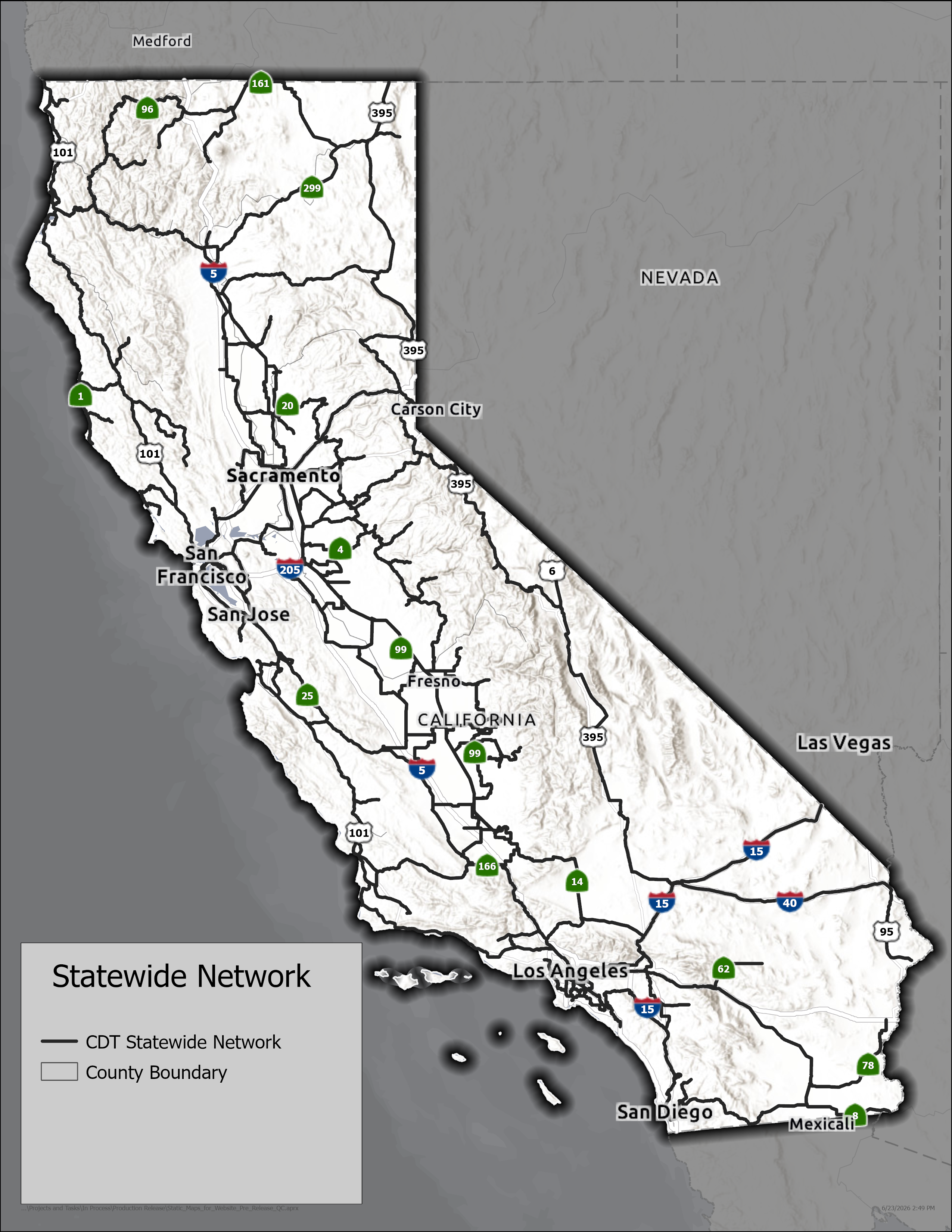 Map of California showing the middle mile broadband network.