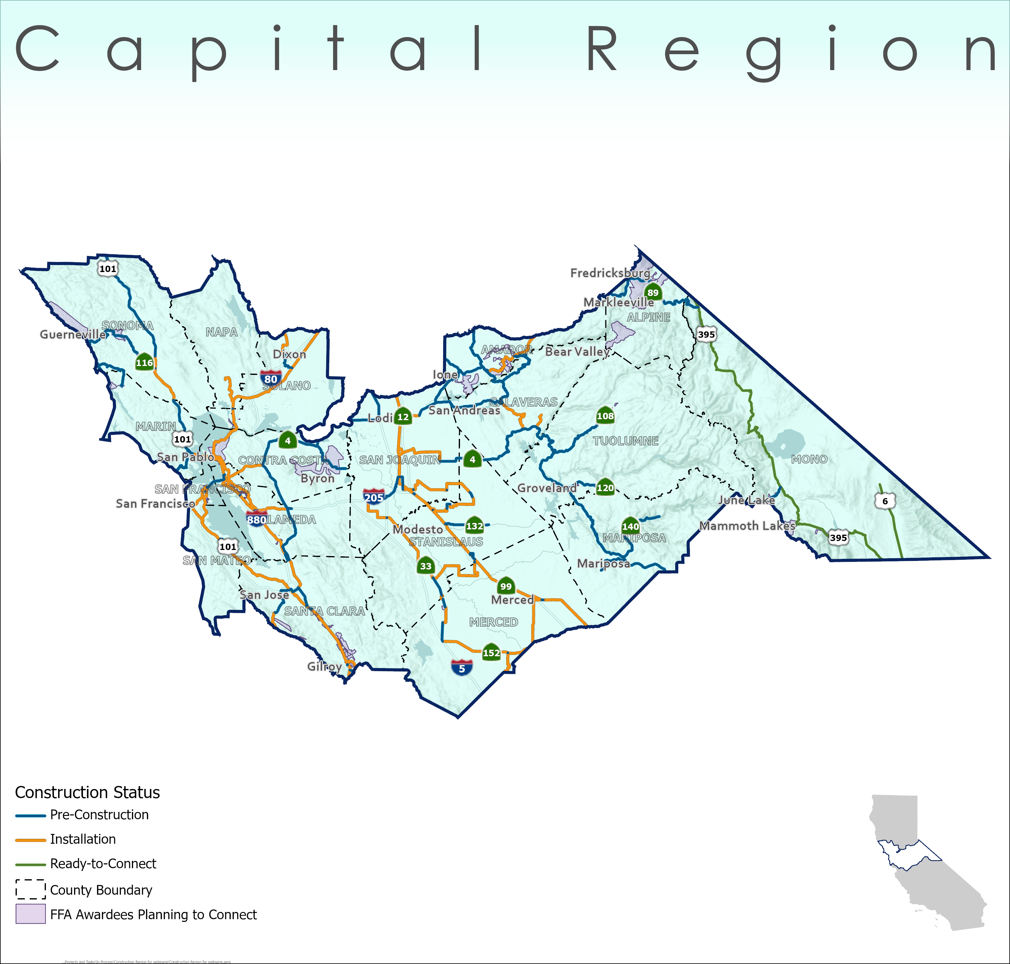 Map of the Capital Region in California showing infrastructure construction status. Blue lines indicate pre-construction, orange lines show Installation in progress, green lines mark ready-to-connect sections, and lavender colored polygons mark FFA awardees planning to connect.