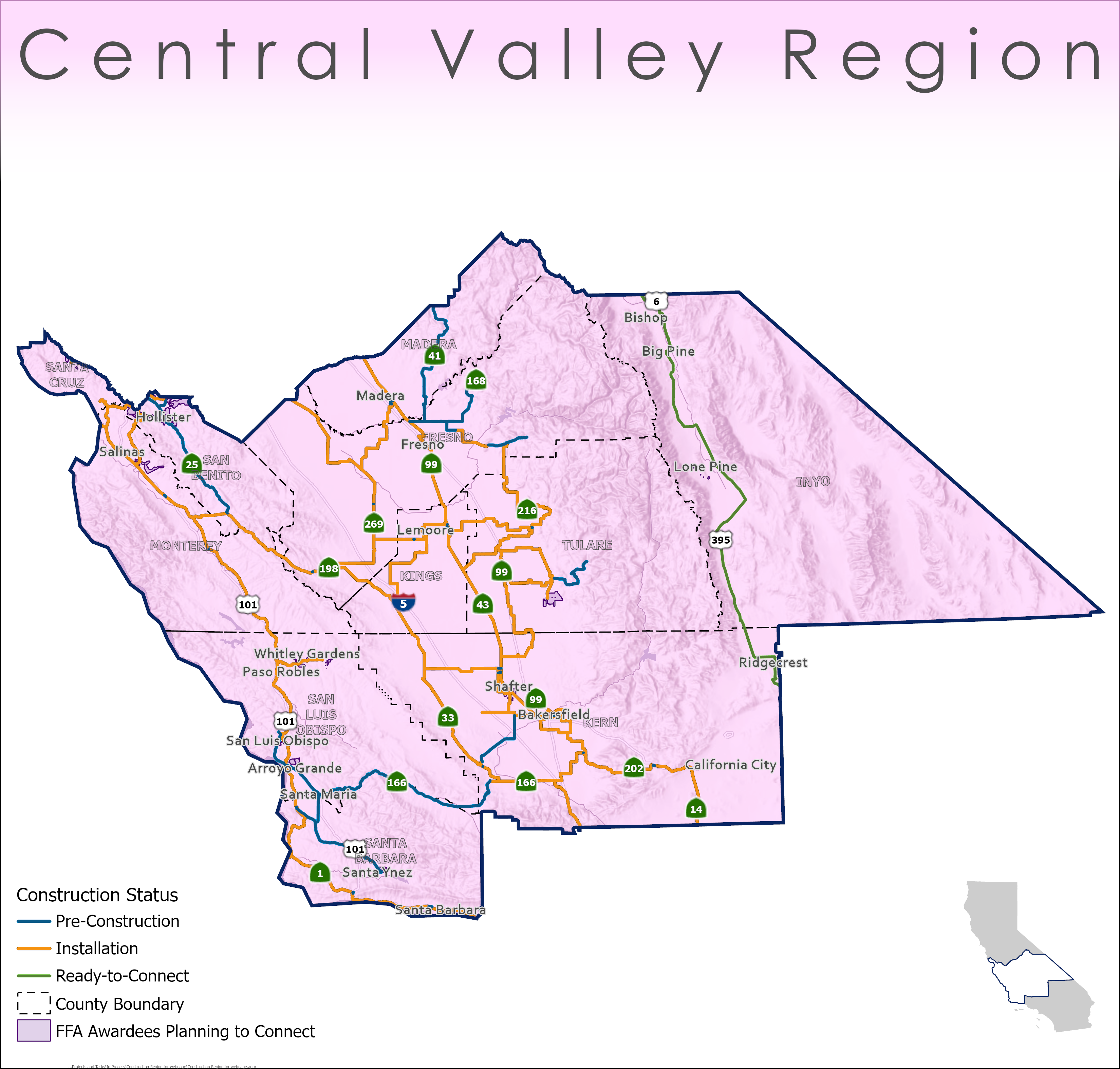 Map of the Central Valley Region in California showing infrastructure construction status. Blue lines indicate pre-construction, orange lines show Installation in progress, green lines mark ready-to-connect sections, and lavender colored polygons mark FFA awardees planning to connect.