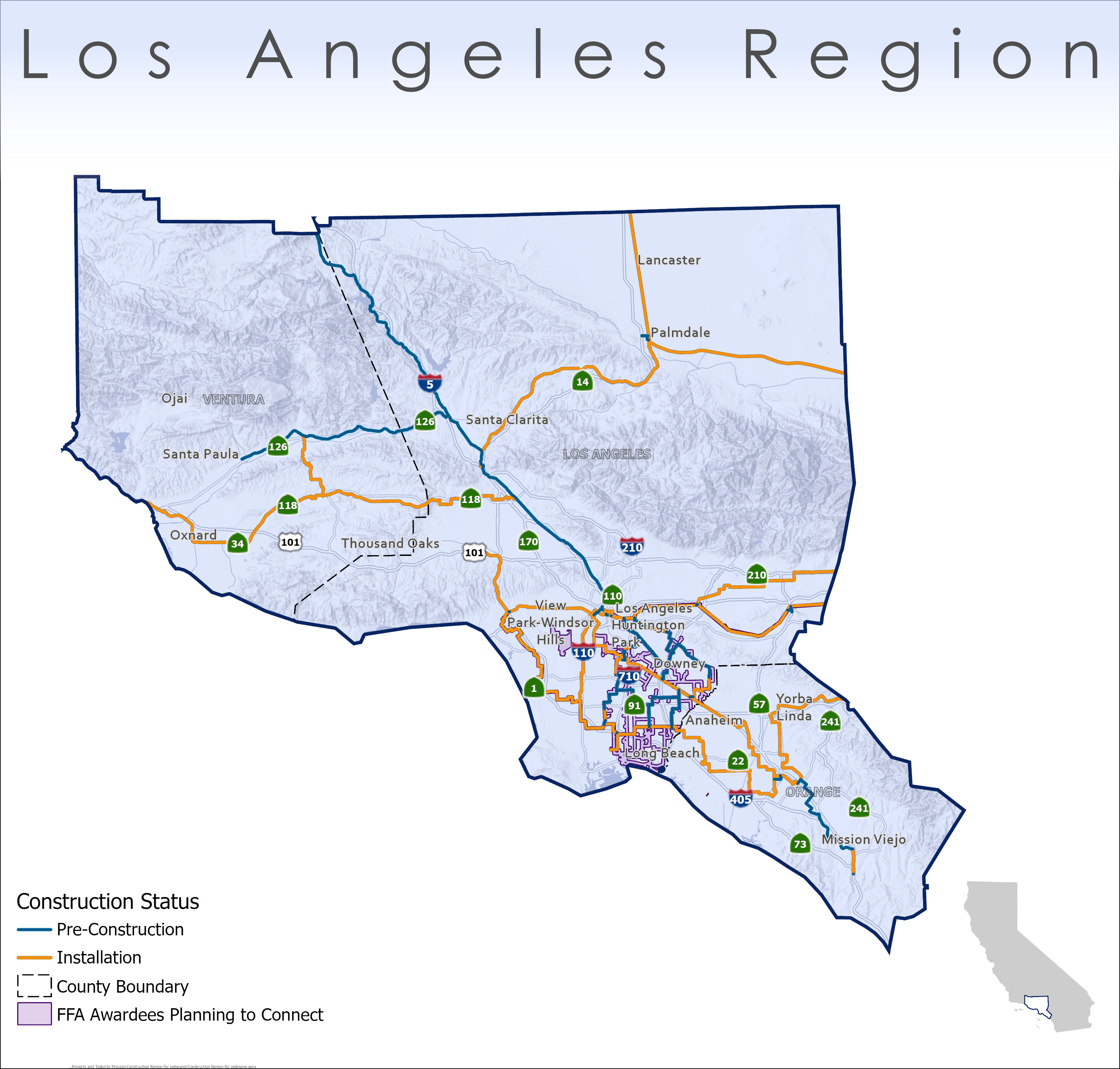 Map of the Los Angeles Region in California showing infrastructure construction status. Blue lines indicate pre-construction, orange lines show Installation in progress, and lavender colored polygons mark FFA awardees planning to connect.