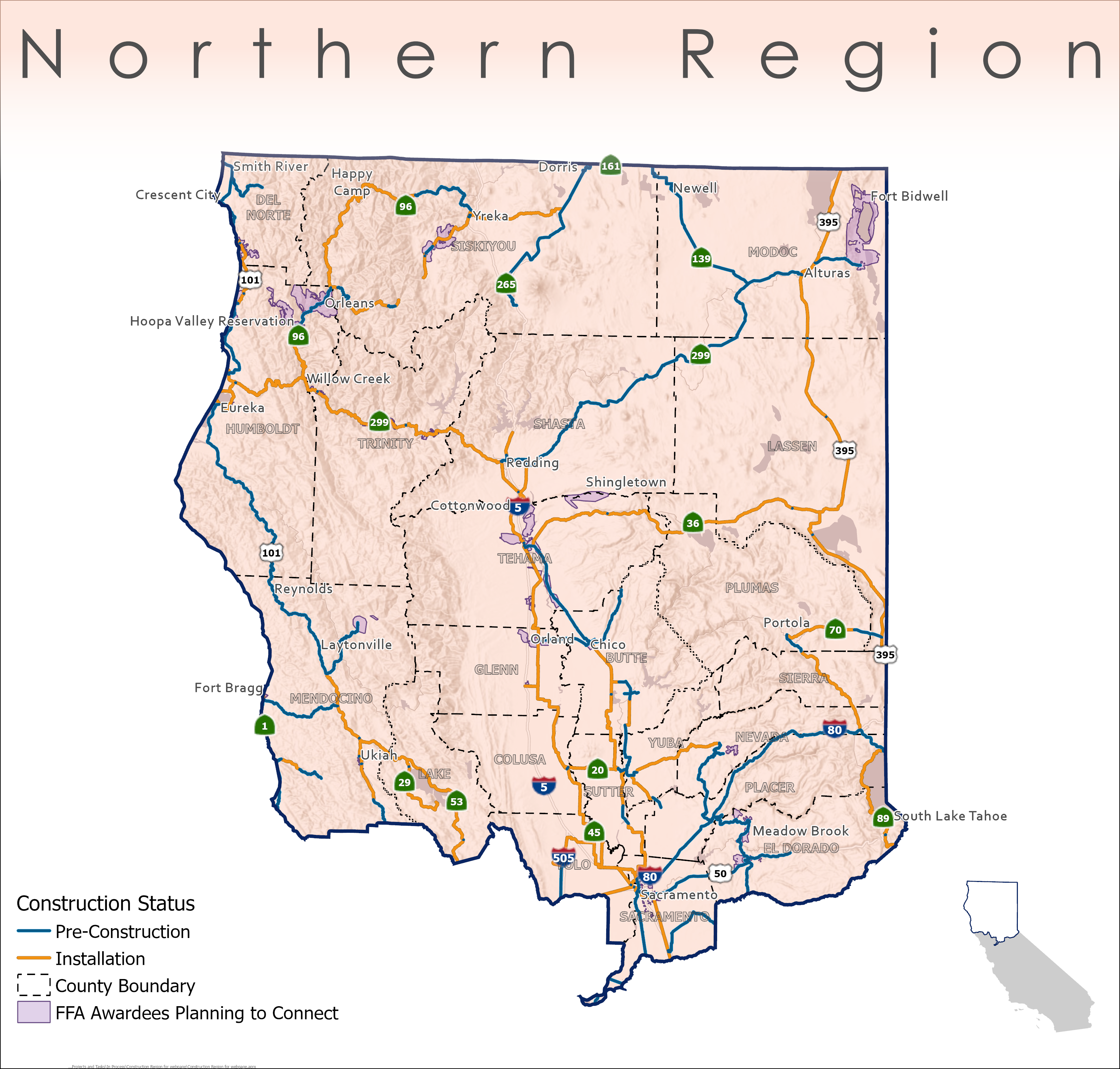 Map of the Northern Region in California showing infrastructure construction status. Blue lines indicate pre-construction, orange lines show Installation in progress, and lavender colored polygons mark FFA awardees planning to connect.
