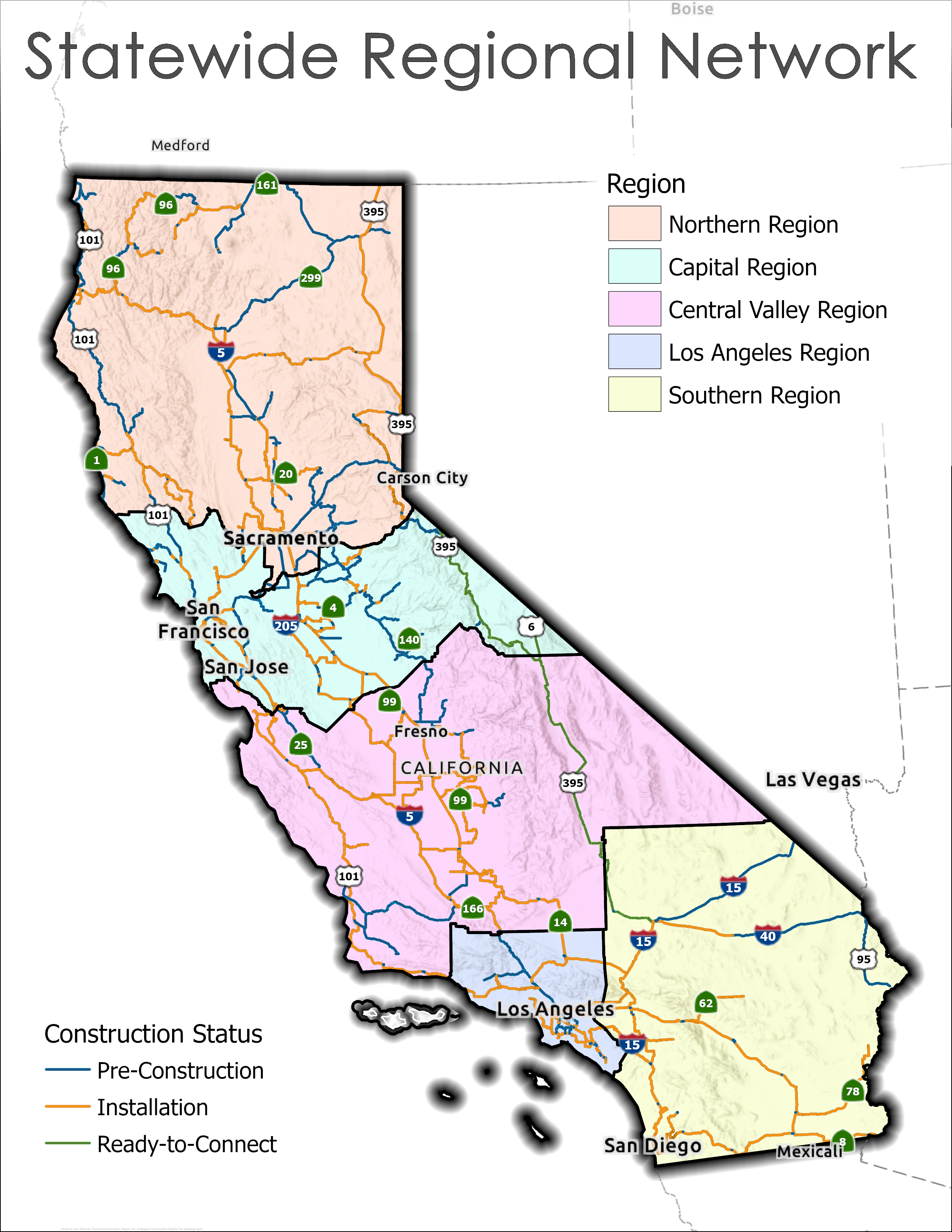 Map of California showing infrastructure construction status in the Northern, Capital, Central Valley, Los Angeles, and Southern regions. Blue lines indicate pre-construction, orange lines show Installation in progress, and green lines mark ready-to-connect sections.