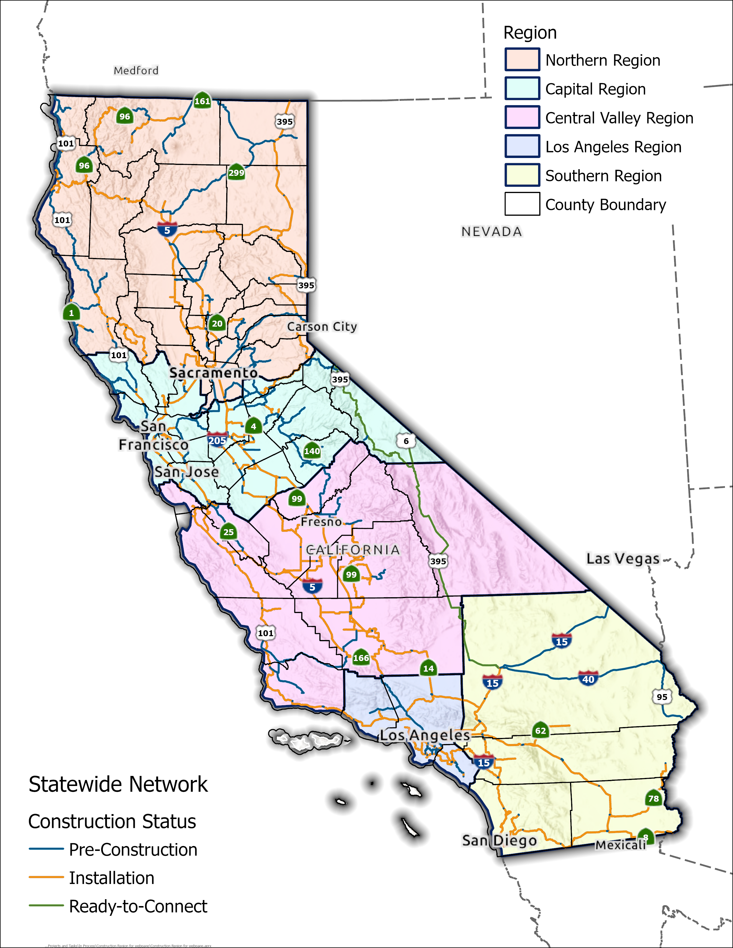 Map of California showing infrastructure construction status in the Northern, Capital, Central Valley, Los Angeles, and Southern regions. Blue lines indicate pre-construction, orange lines show Installation in progress, and green lines mark ready-to-connect sections.