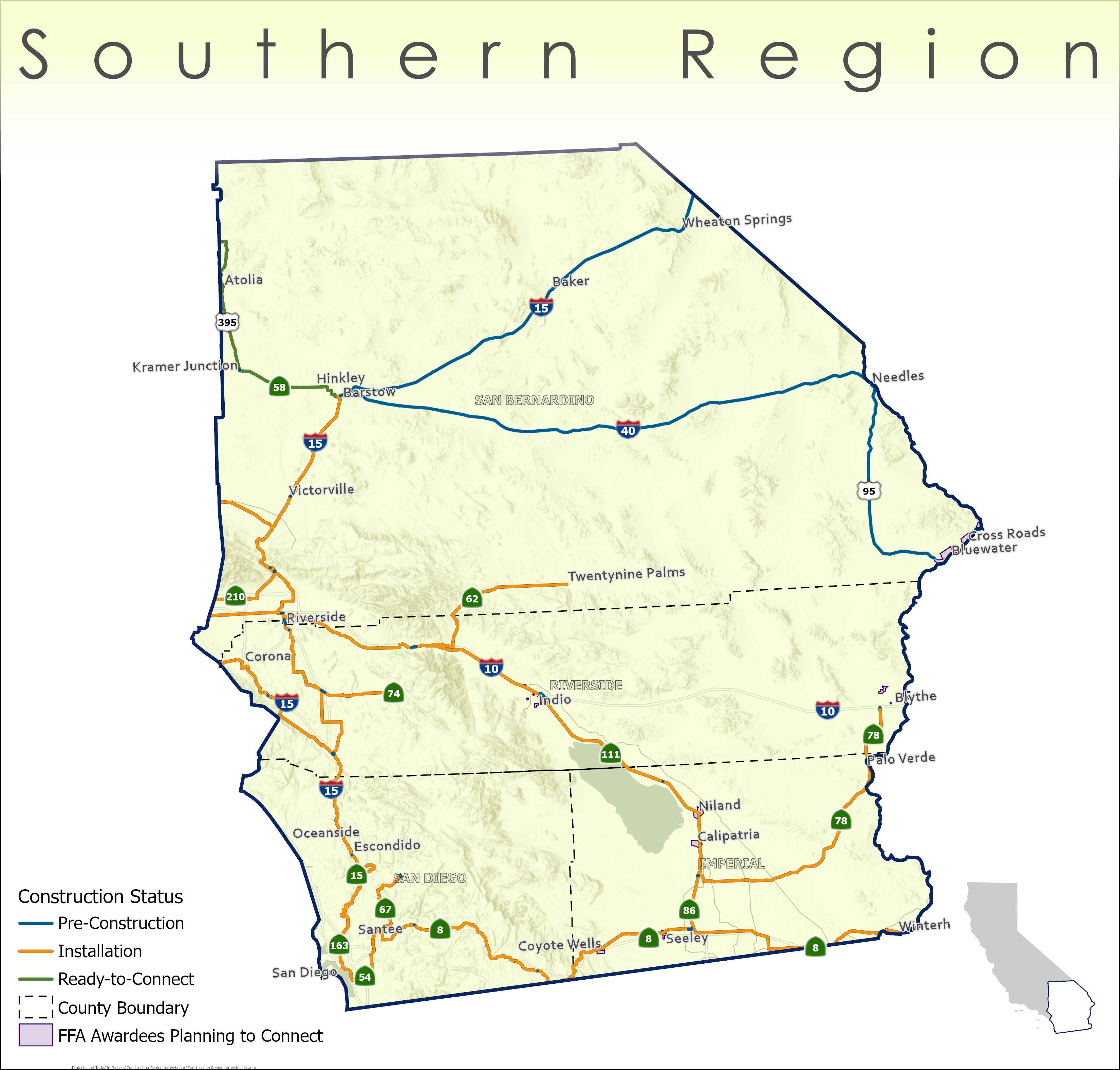Map of the Southern Region in California showing infrastructure construction status. Blue lines indicate pre-construction, orange lines show Installation in progress, green lines mark ready-to-connect sections, and lavender colored polygons mark FFA awardees planning to connect.